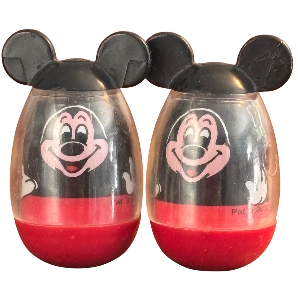 Vintage Mickey Mouse Roly Poly Wobbler Toys Walt Disney Productions Set of 2
